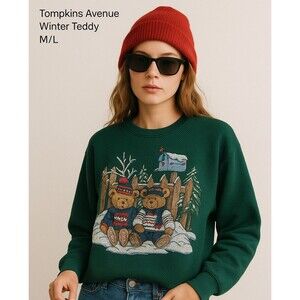 Vintage Winter Teddy Sweatshirt M/L Green Pullover Bears X-mas Tompkins Avenue